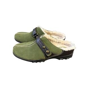 Cole Haan Size 7B Waterproof Suede Clogs Green Shearling Lined Mules